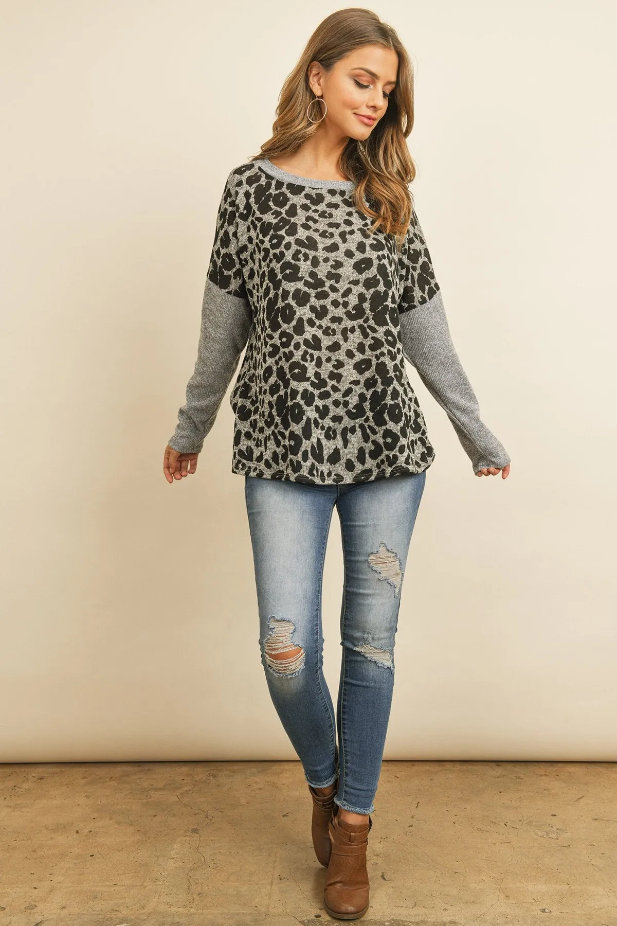 Hacci Brushed Contrast Sleeves Boat Neck Leopard Top