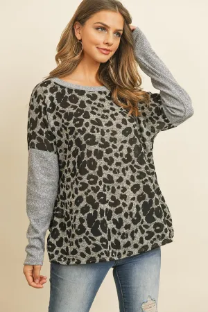 Hacci Brushed Contrast Sleeves Boat Neck Leopard Top