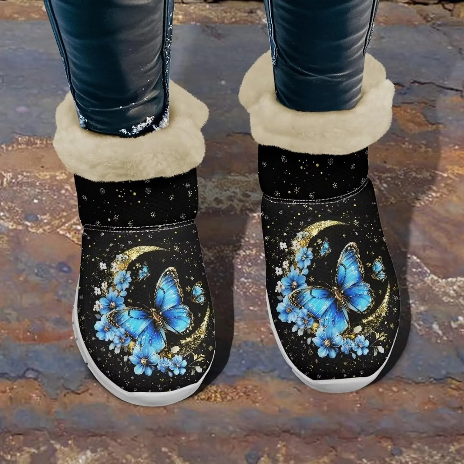 Women's Butterfly Snow Boots Plush Flurry Winter Booties Warm Lined Sole Platform Fuzzy Boots